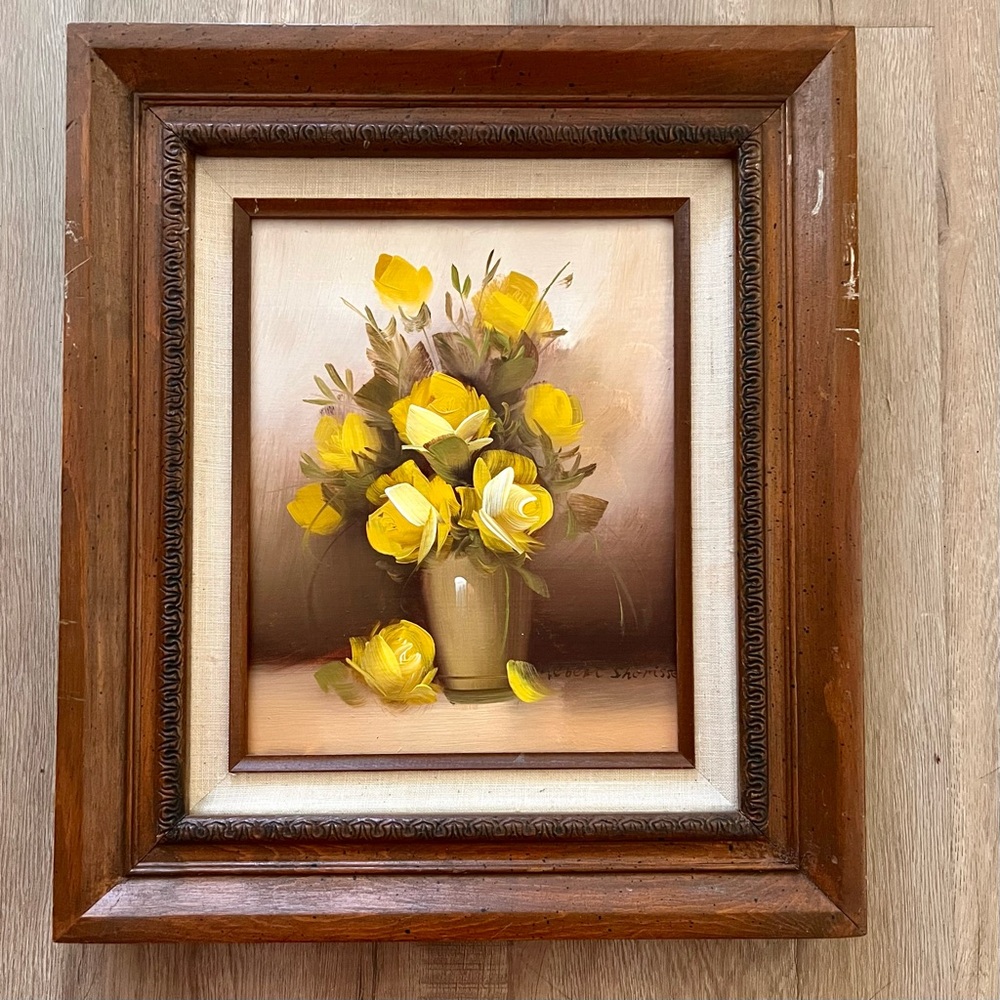 Vtg Wood Curved Frame Floral Still Life Oil‎ Painting Signed by Hebebe Sherisse